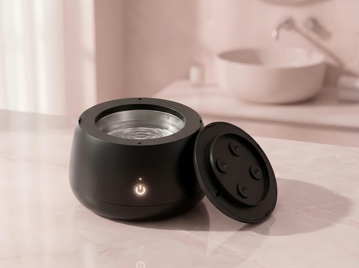 Ultrasonic cleaning device, charcoal finish, shown open with its lid