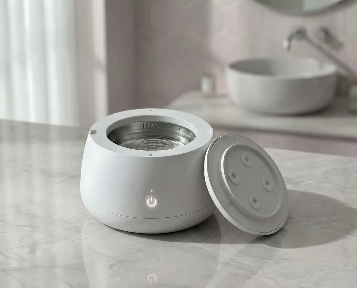 Ultrasonic cleaning device, light finish, shown open with its lid